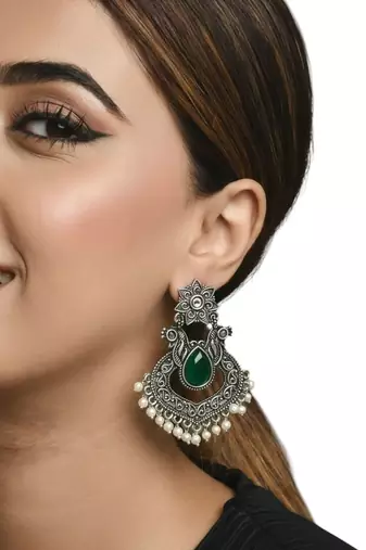 Silver oxidised green stone chandbali earrings