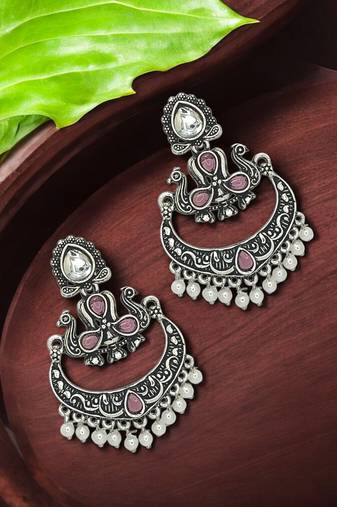 Silver oxidised kundan pink stone chandbali earrings