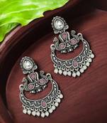 Silver oxidised kundan pink stone chandbali earrings