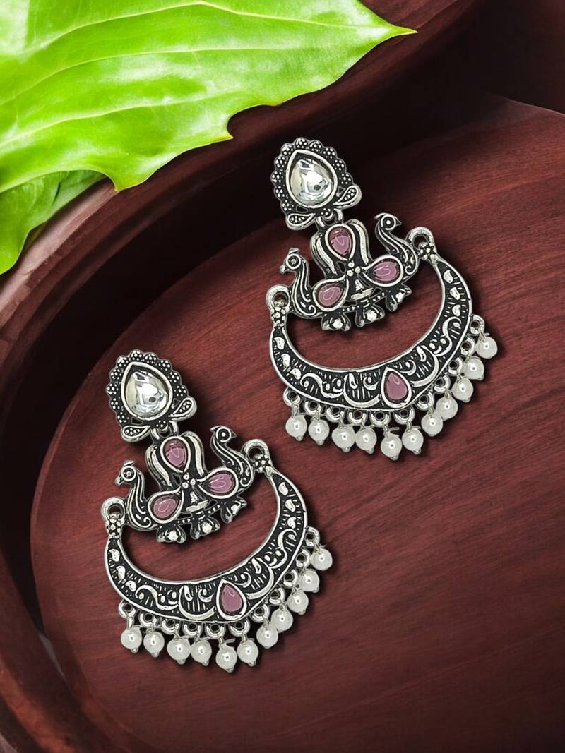 Silver oxidised kundan pink stone chandbali earrings