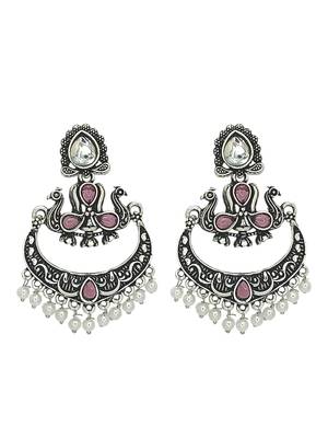 Silver oxidised kundan pink stone chandbali earrings 2