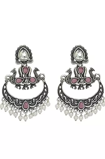 Silver oxidised kundan pink stone chandbali earrings