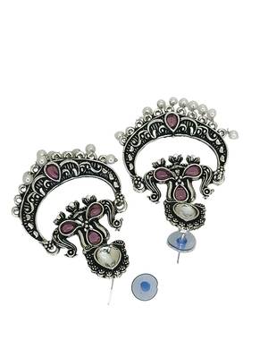 Silver oxidised kundan pink stone chandbali earrings 3