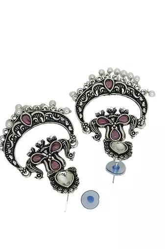 Silver oxidised kundan pink stone chandbali earrings