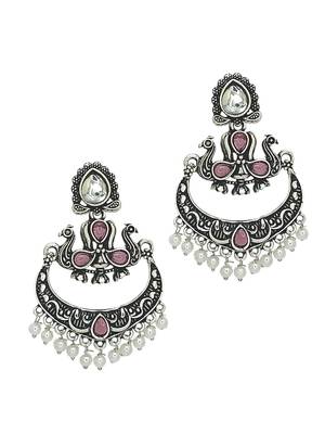Silver oxidised kundan pink stone chandbali earrings 4