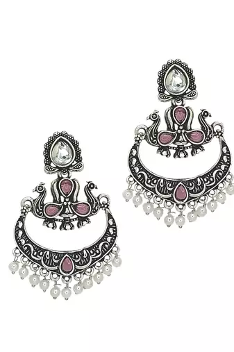 Silver oxidised kundan pink stone chandbali earrings