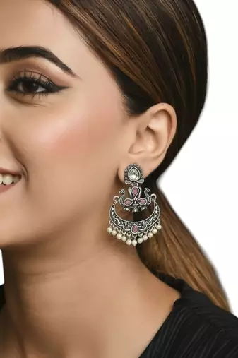 Silver oxidised kundan pink stone chandbali earrings