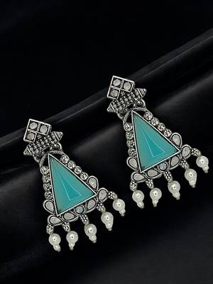 Silver oxidised turquoise triangular drop earrings 1