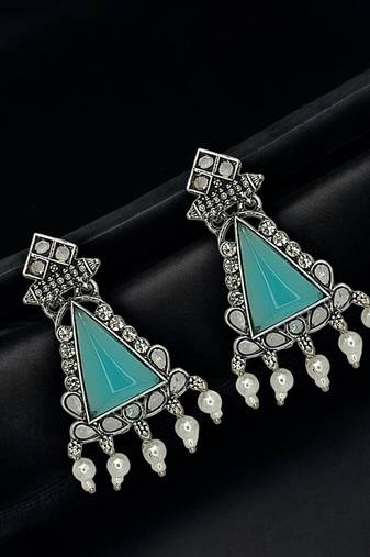 Silver oxidised turquoise triangular drop earrings