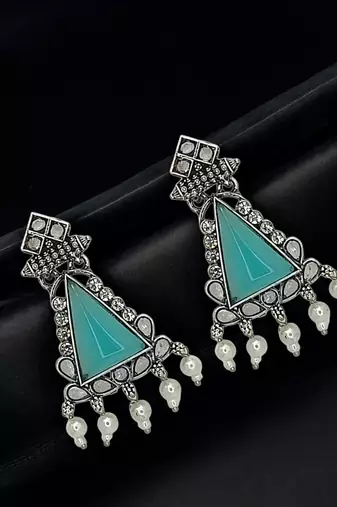 Silver oxidised turquoise triangular drop earrings