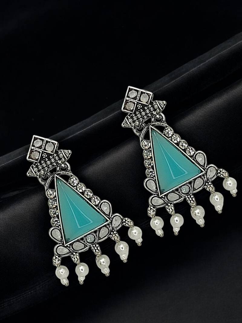 Silver oxidised turquoise triangular drop earrings