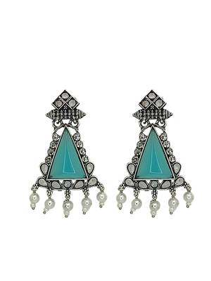 Silver oxidised turquoise triangular drop earrings 2