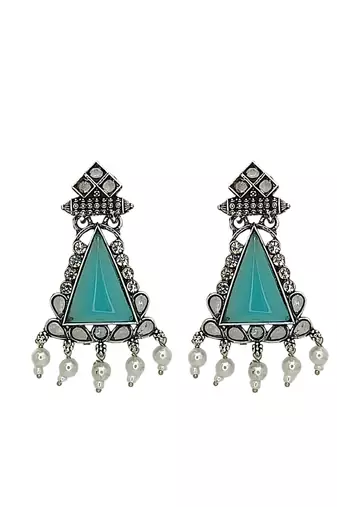 Silver oxidised turquoise triangular drop earrings