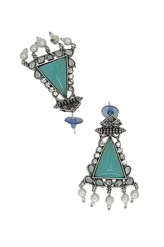 Silver oxidised turquoise triangular drop earrings