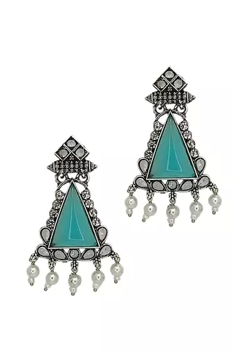 Silver oxidised turquoise triangular drop earrings