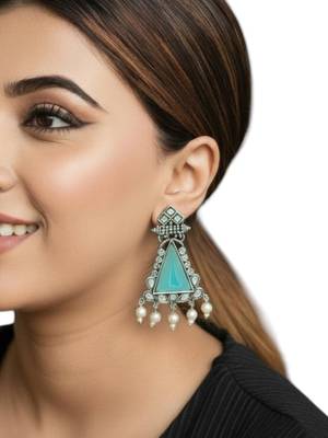Silver oxidised turquoise triangular drop earrings 5