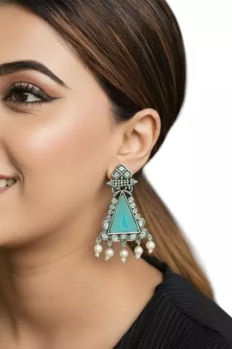 Silver oxidised turquoise triangular drop earrings