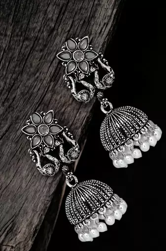 Silver oxidised peacock jhumka earrings