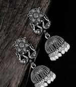 Silver oxidised peacock jhumka earrings