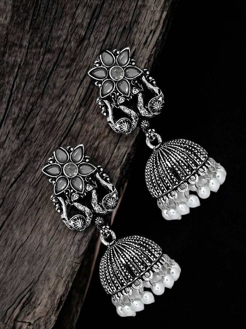 Silver oxidised peacock jhumka earrings