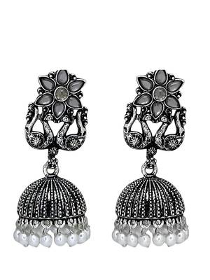 Silver oxidised peacock jhumka earrings 2