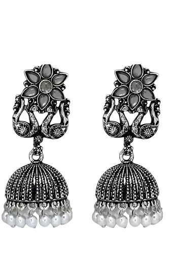 Silver oxidised peacock jhumka earrings