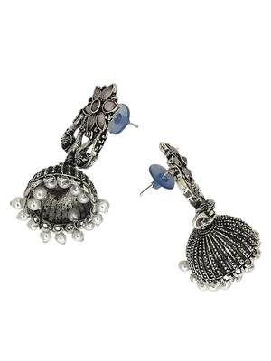Silver oxidised peacock jhumka earrings 3