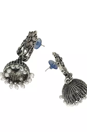 Silver oxidised peacock jhumka earrings