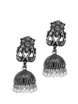 Silver oxidised peacock jhumka earrings 4