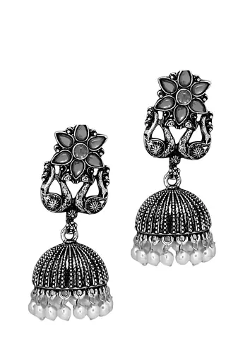 Silver oxidised peacock jhumka earrings
