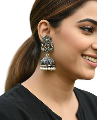 Silver oxidised peacock jhumka earrings 5