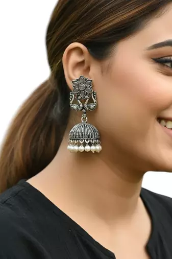 Silver oxidised peacock jhumka earrings