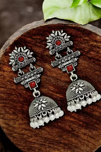 Silver oxidised maroon stone jhumka earrings