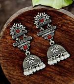 Silver oxidised maroon stone jhumka earrings