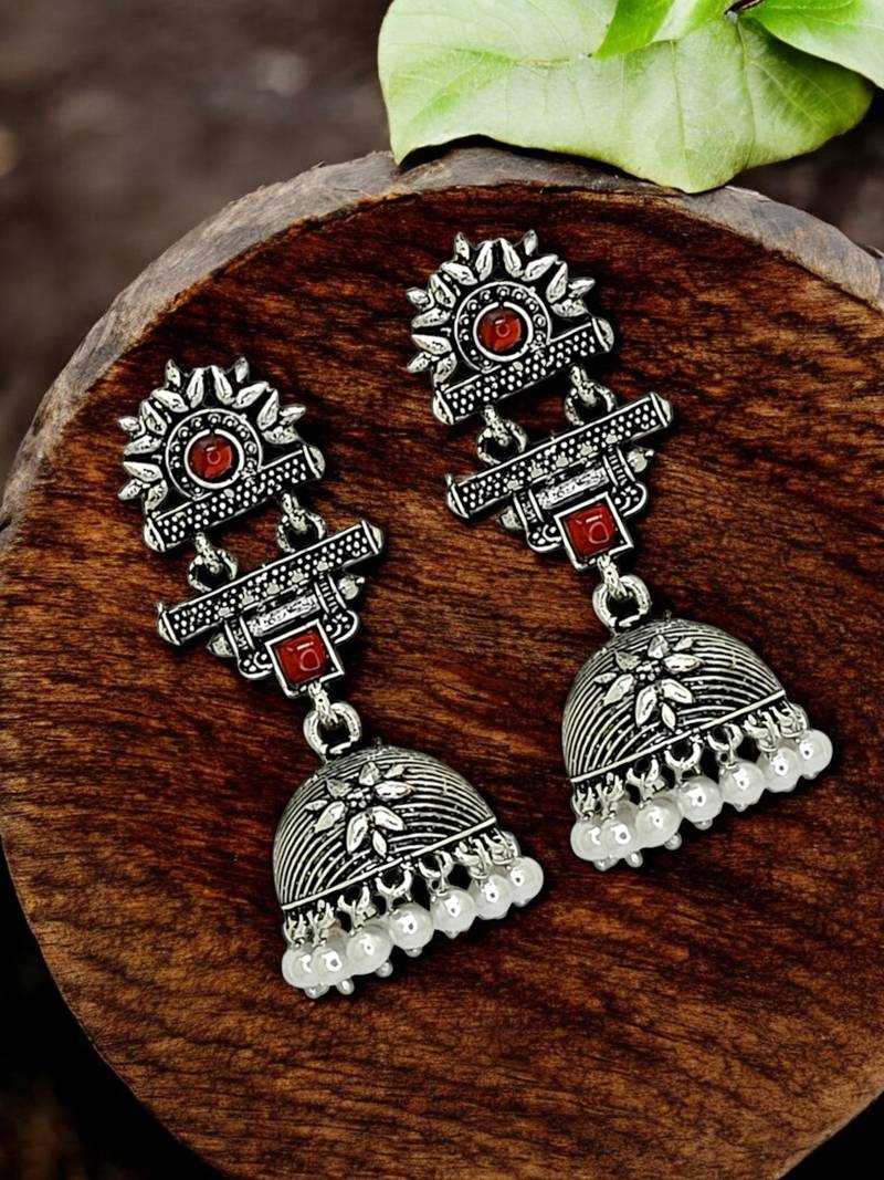 Silver oxidised maroon stone jhumka earrings