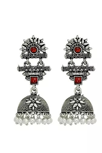 Silver oxidised maroon stone jhumka earrings