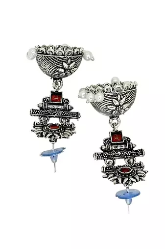 Silver oxidised maroon stone jhumka earrings