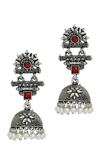 Silver oxidised maroon stone jhumka earrings