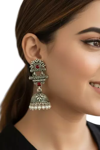 Silver oxidised maroon stone jhumka earrings