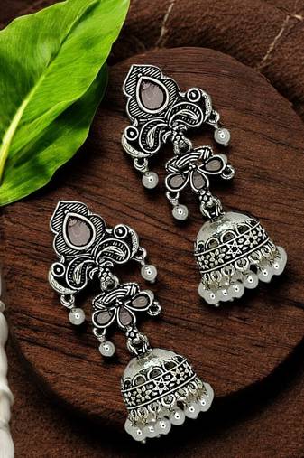 Silver oxidised peacock design  mauve jhumka earrings