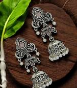 Silver oxidised peacock design  mauve jhumka earrings