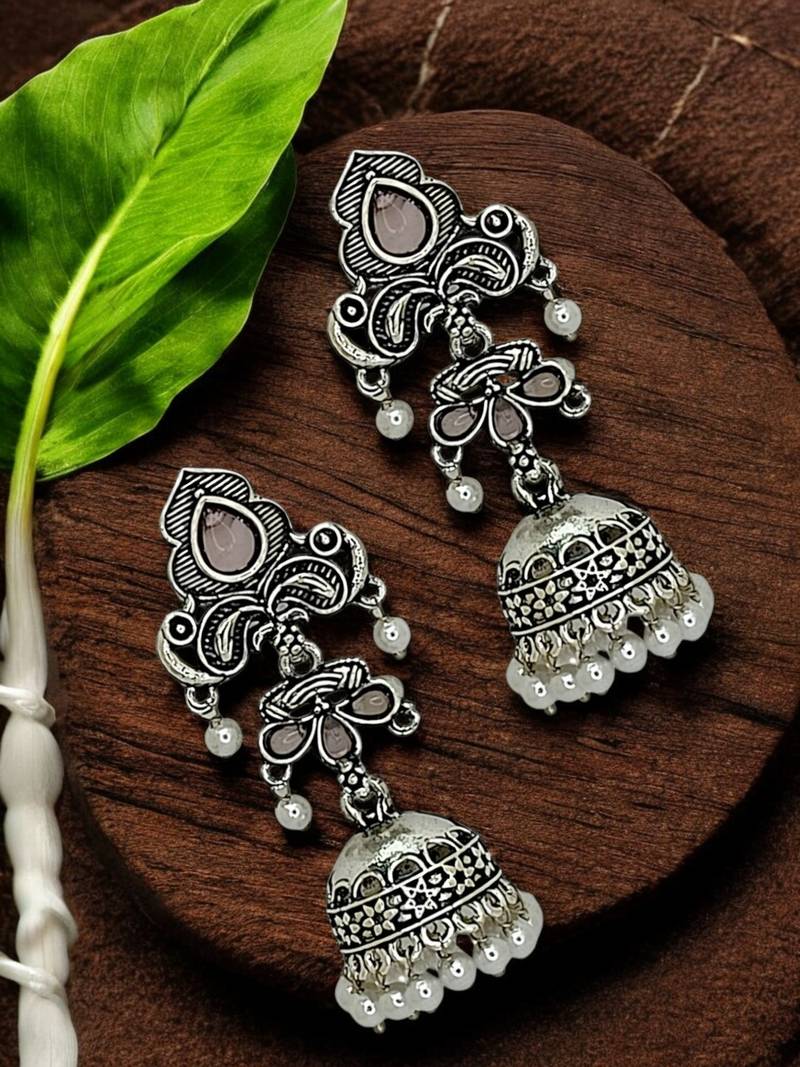 Silver oxidised peacock design  mauve jhumka earrings