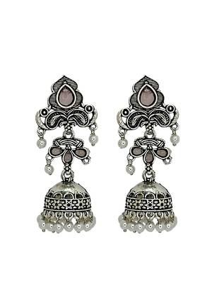 Silver oxidised peacock design  mauve jhumka earrings 2