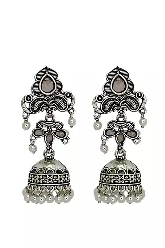 Silver oxidised peacock design  mauve jhumka earrings
