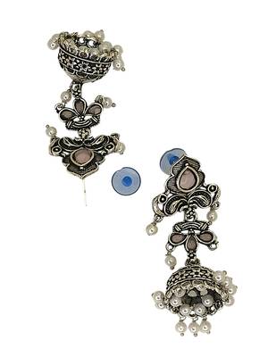Silver oxidised peacock design  mauve jhumka earrings 3