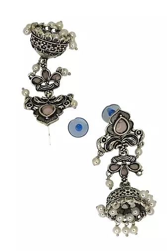 Silver oxidised peacock design  mauve jhumka earrings