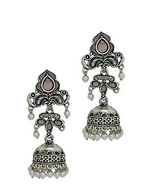Silver oxidised peacock design  mauve jhumka earrings 4