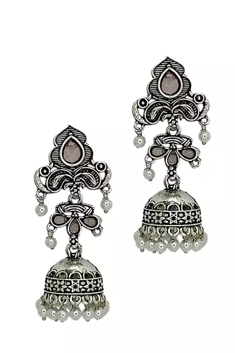 Silver oxidised peacock design  mauve jhumka earrings