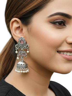 Silver oxidised peacock design  mauve jhumka earrings 5