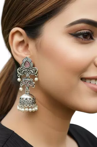 Silver oxidised peacock design  mauve jhumka earrings